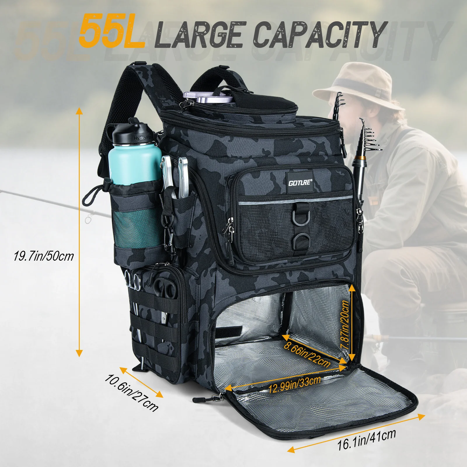 Goture Mochila de Pesca Impermeable 900D con Soporte para Cañas