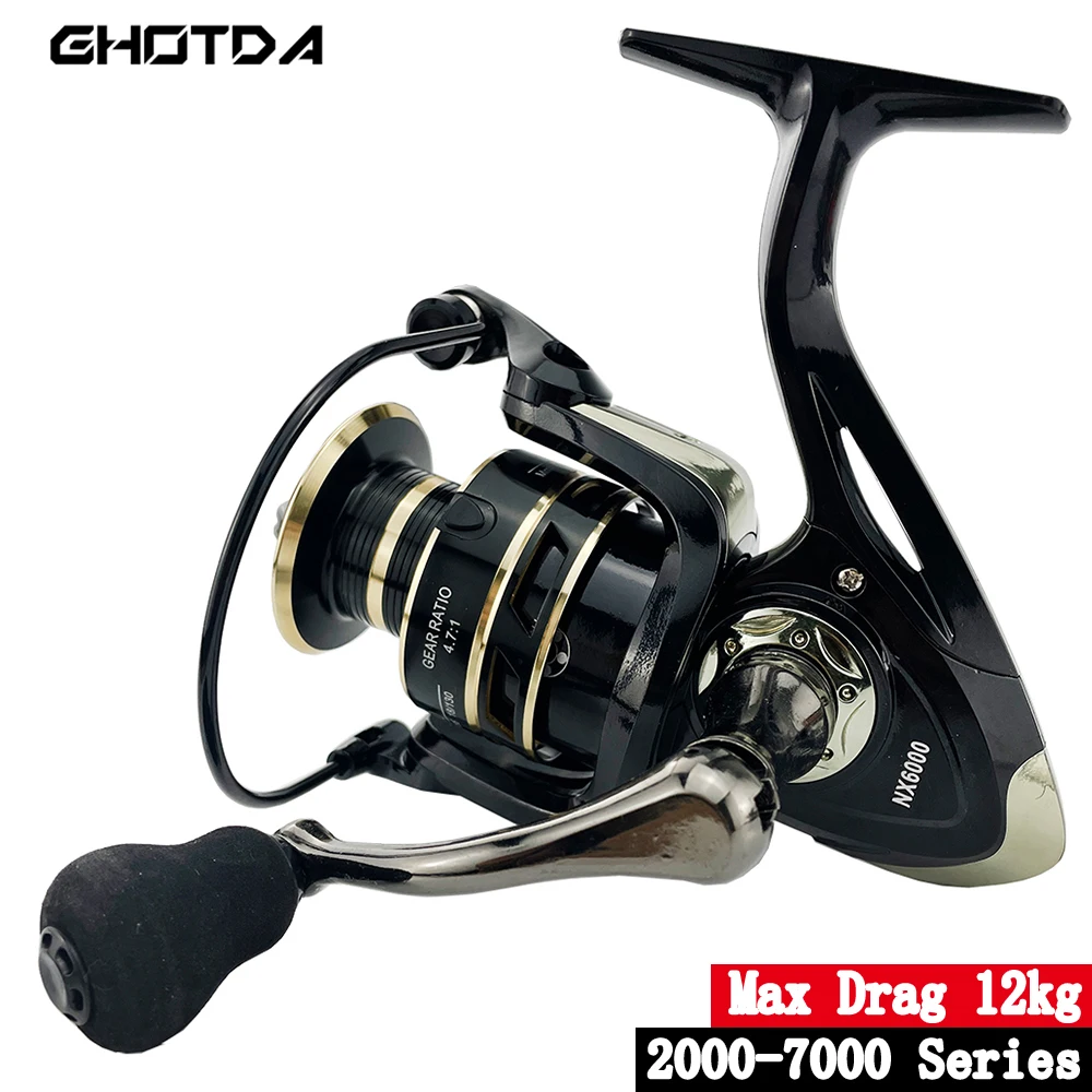 Carretes giratorios ligeros 5,2: 1/4, 7:1, relación de engranaje, carrete de Metal 2000-7000, arrastre máximo grande de agua salada/dulce, carretes de pesca de 12kg