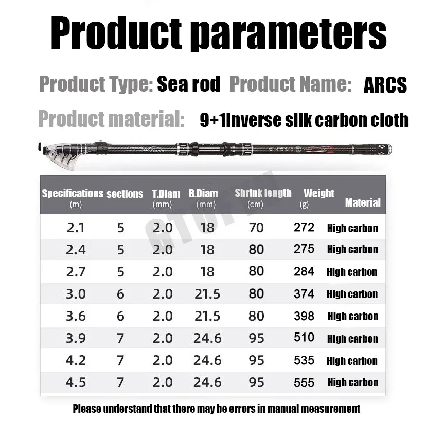 Caña telescópica de carbono 2.1-4.5m para surfcasting y baitcasting