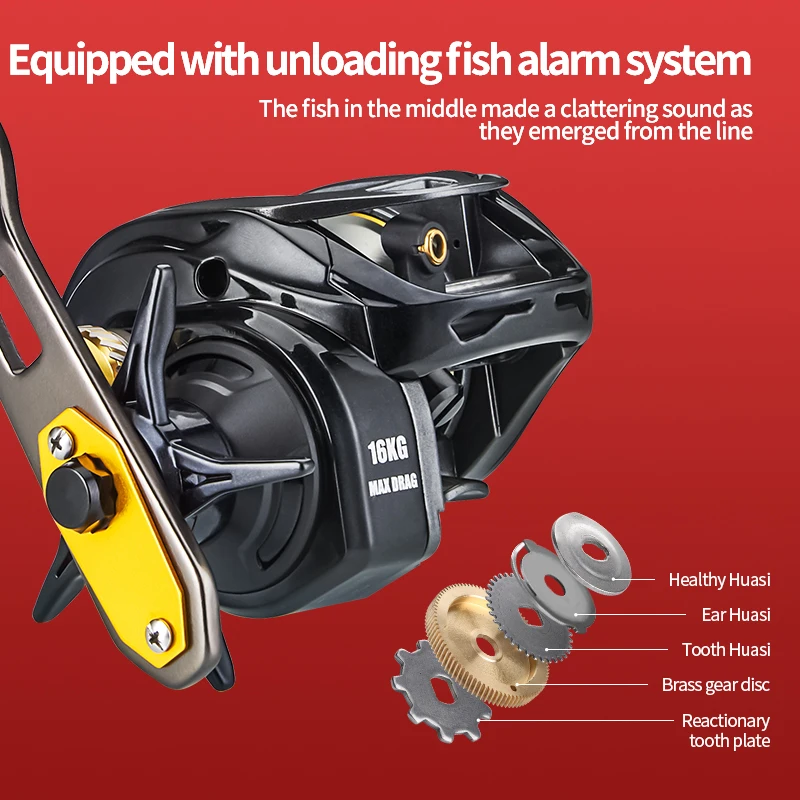 Carrete de pesca Baitcaster con mango extendido, relación de engranaje 7,2: 1, arrastre máximo de 16KG, 6 + 1BB para lubina, carrete de Baitcasting de agua dulce y salada - imagen 5