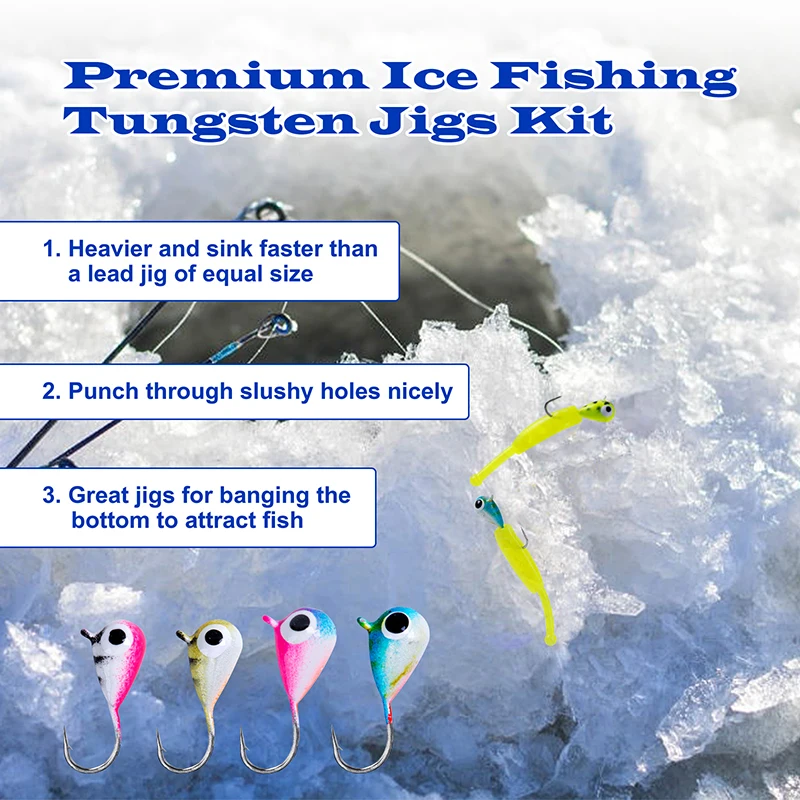 Goture 18 unids/set plantillas de tungsteno señuelo para pesca en hielo fregadero cebo luminoso rápido Artificial señuelo de pesca de invierno con 10 Uds señuelos blandos - imagen 3