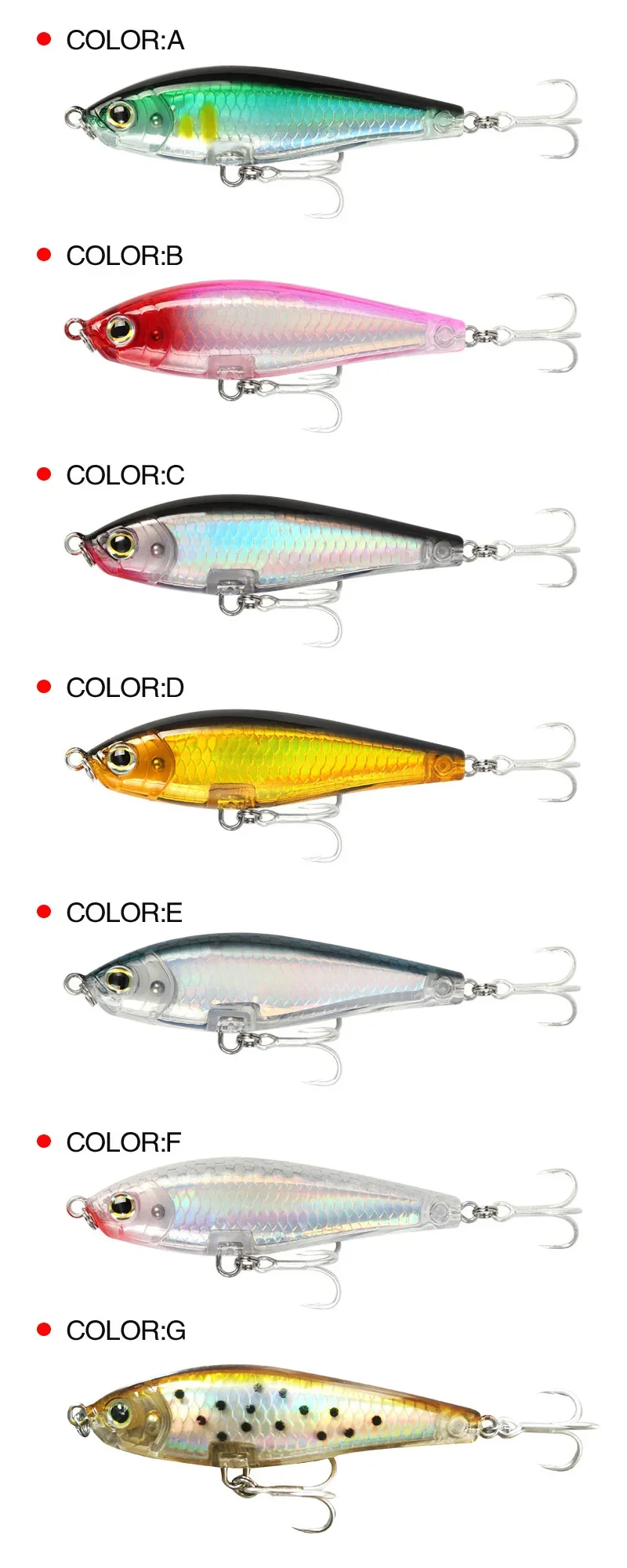 Explore la amplia gama de señuelos de pesca vibrantes con colora colorb, colorc, colord, color, colorf y colorg