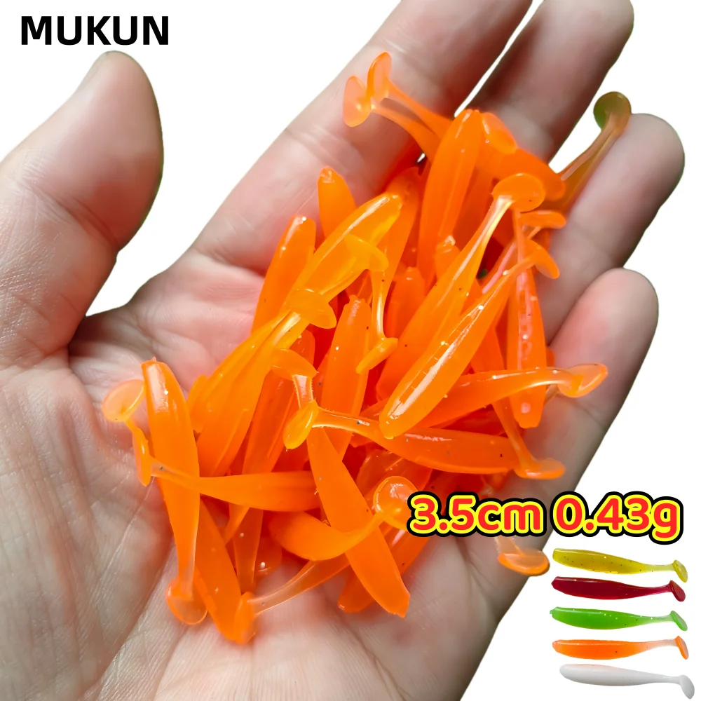 MUKUN 50 Uds Mini Señuelos de Pesca blandos, 3,5 cm 0,43g señuelo de gusano con cola en T, cebo Artificial de silicona, aparejos de pesca de Lucio - imagen 2