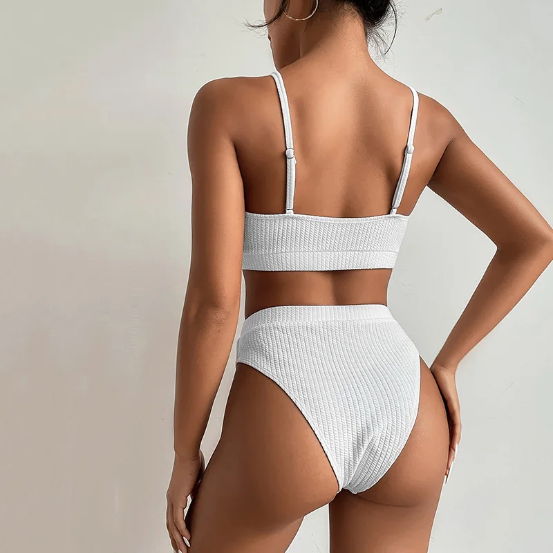 Bañador Sexy de cintura alta en forma de U para mujer, Bikini de realce acanalado, traje de baño de dos piezas de color sólido - imagen 3
