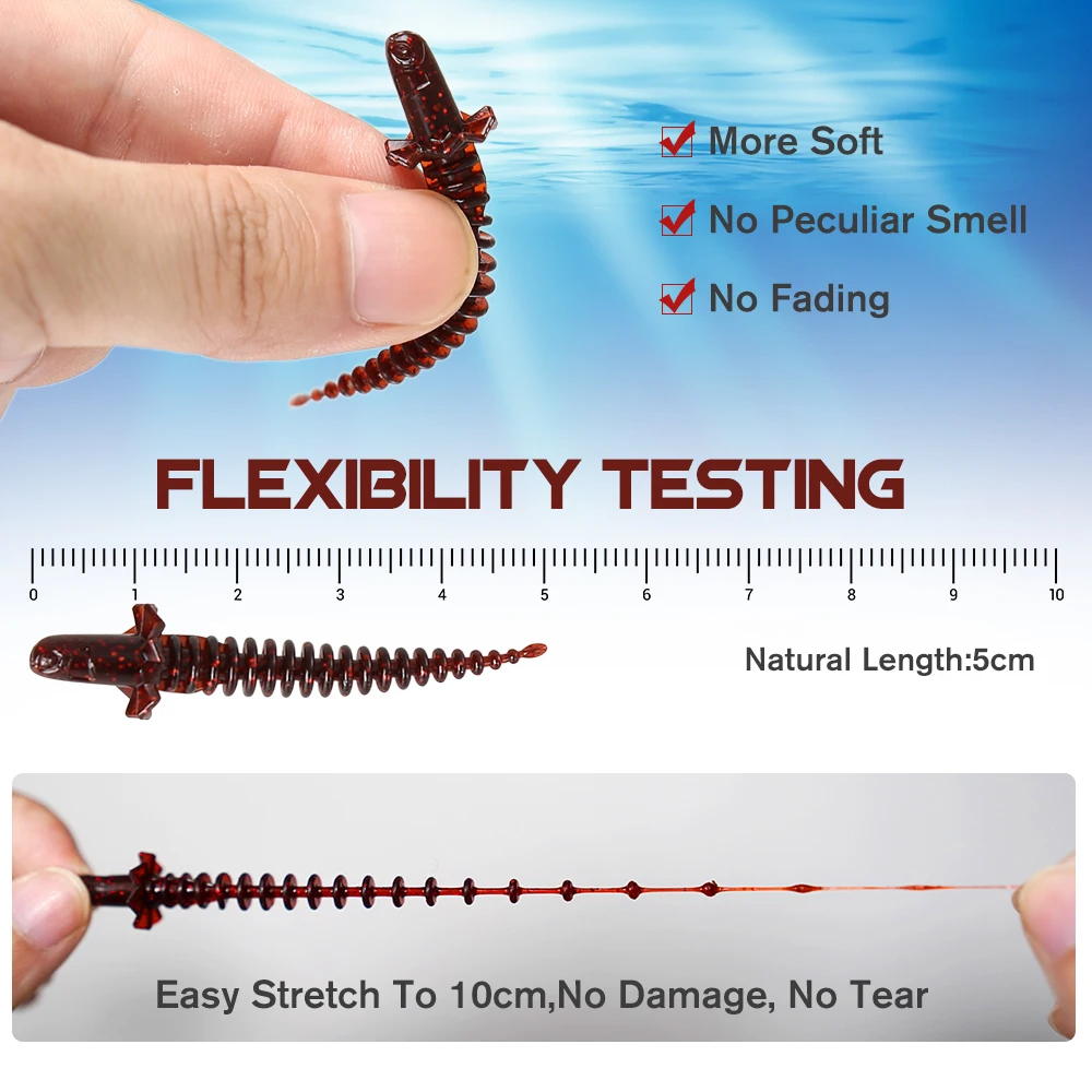 ZUKIBO 14/12pcs Schort Staart Worm Zacht Aas Spiraal Zachte Worm 50/65/75mm TPE Drijvend Zacht Aas Kunstmatige Plastic Rockfish Visgerei - imagen 2