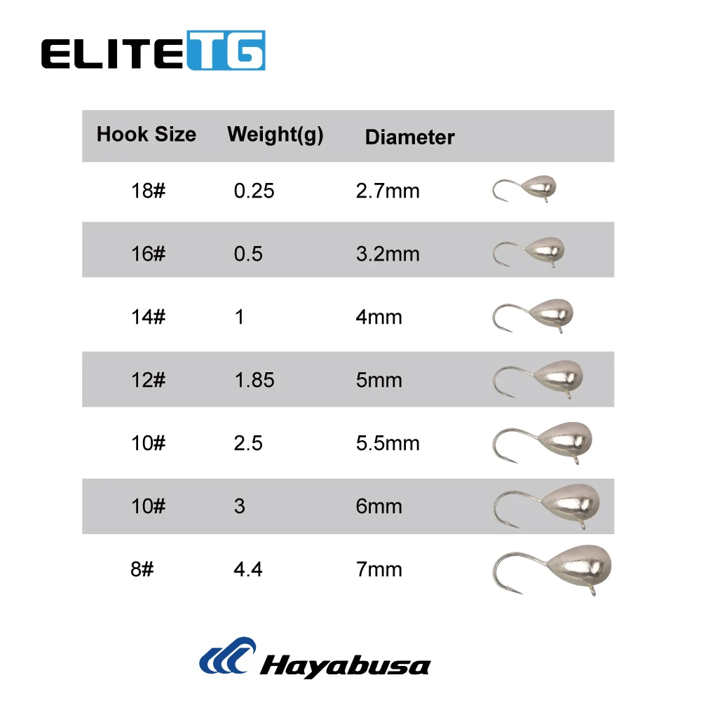 Elite TG 50 Uds. Juego de cabezales de plantilla de pesca en hielo con forma de lágrima de tungsteno 2,7mm-7mm, perca de hielo de invierno Bluegill Bream Softlure Hayabusa gancho - imagen 3