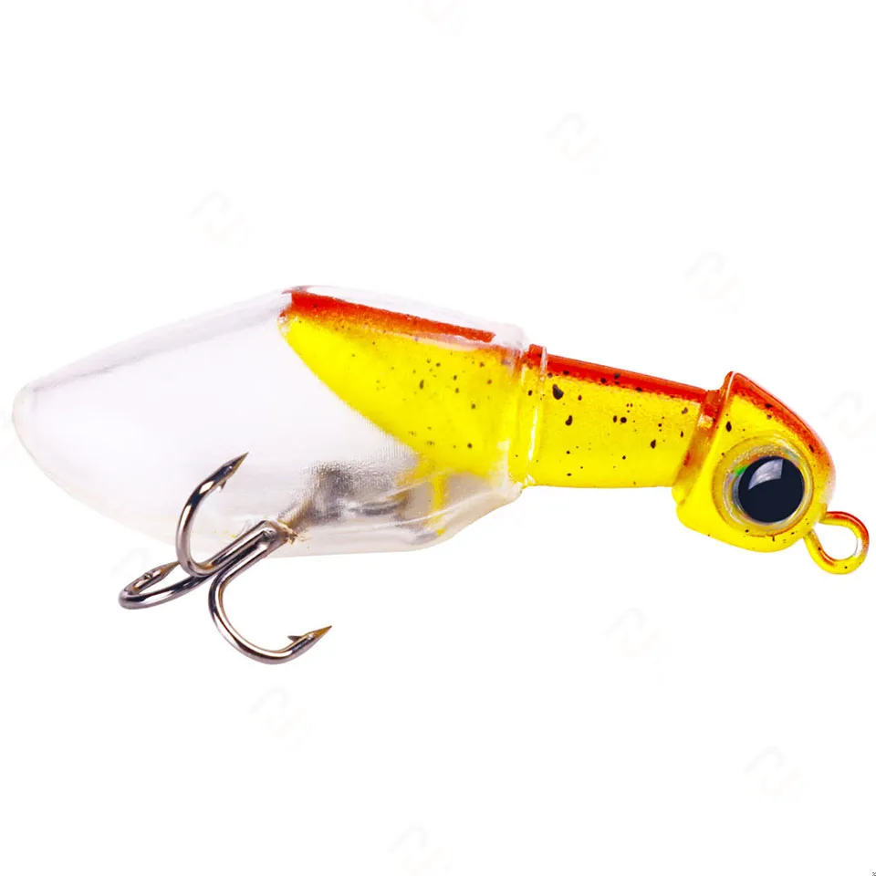 Este señuelo de pesca presenta un diseño vibrante con un cuerpo transparente y una gran cabeza llamativa perfecta para atraer peces