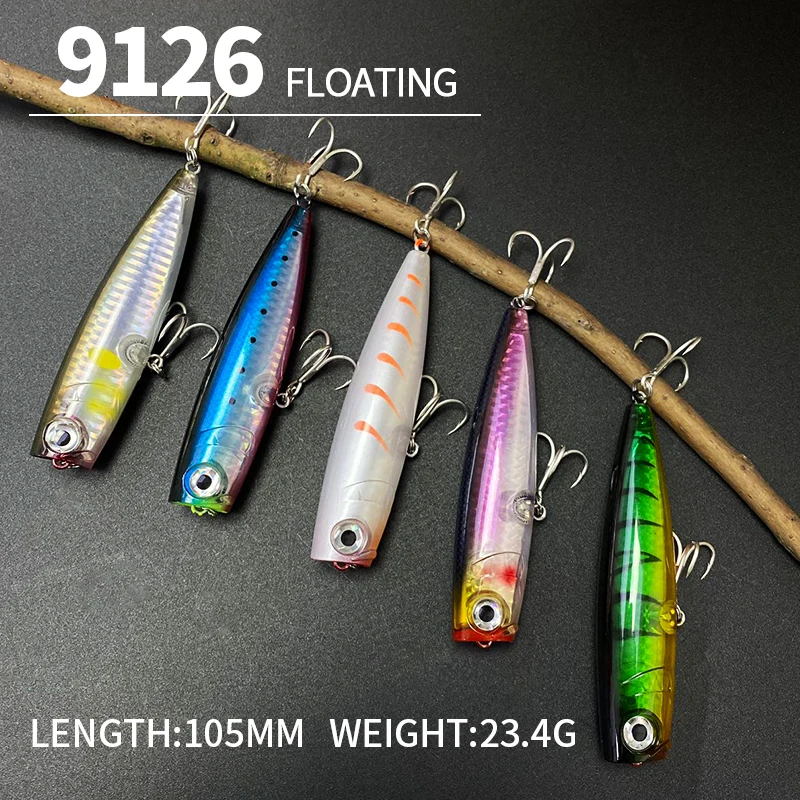 Señuelos de pesca Popper Topwater de 105mm y 23g, superficie de agua salada, Wobblers con interruptor para Lucio, Swimbait, cebo duro Artificial de fundición larga - imagen 5