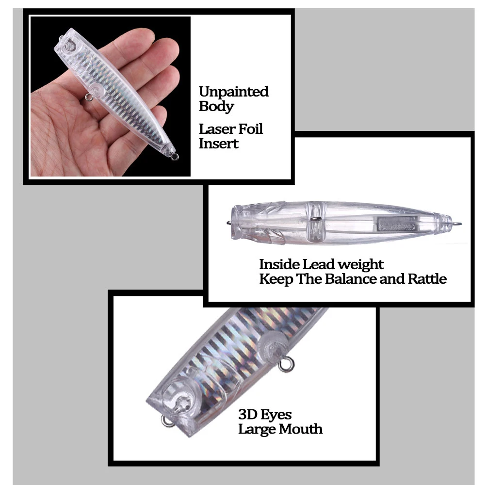 Chan'sHuang-Cebo en blanco sin pintar, 10 piezas, 11cm, 20g, lámina de superficie interior, sonajeros holográficos, Popper, señuelo de pesca Artificial DIY - imagen 5