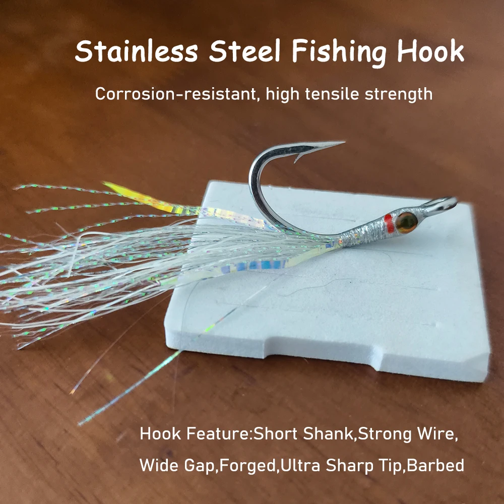 Wifreo 6 uds 4/0 anzuelo de acero inoxidable pesca con mosca pececillo señuelo cabeza epoxi ojos 3D luminoso Flash oropel Saltwaer Señuelos de pesca - imagen 3