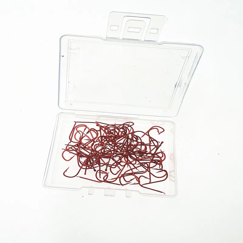 100 unids/caja anzuelo de pesca serie 1 # -8 #   Anzuelo de púas de acero rico en carbono, anzuelos de oro rojo, soporte de cebo doblado, anzuelo de carpa anillado - imagen 3