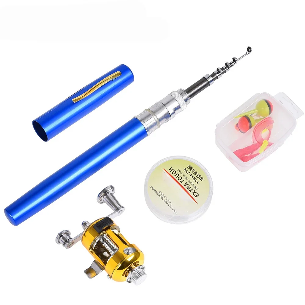 Caña de pescar portátil con forma de bolígrafo, caña de pescar de bolsillo, Mini juego de caña de pescar doblada con carrete, señuelos, cebo, accesorios de sedal