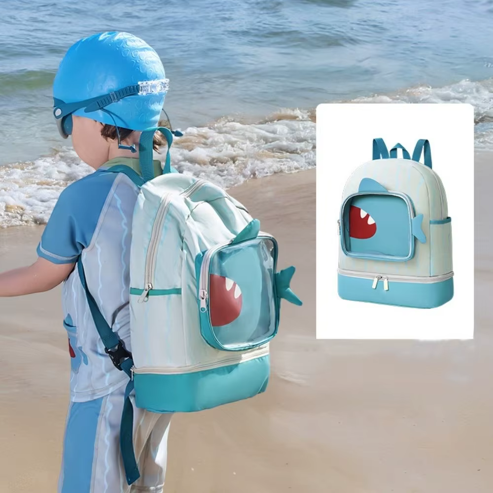 Bolsa de natación para niños con separación en seco y húmedo, compartimento para zapatos, bolsa de almacenamiento para traje de baño con patrón de animales, impermeable, dibujos animados - imagen 4