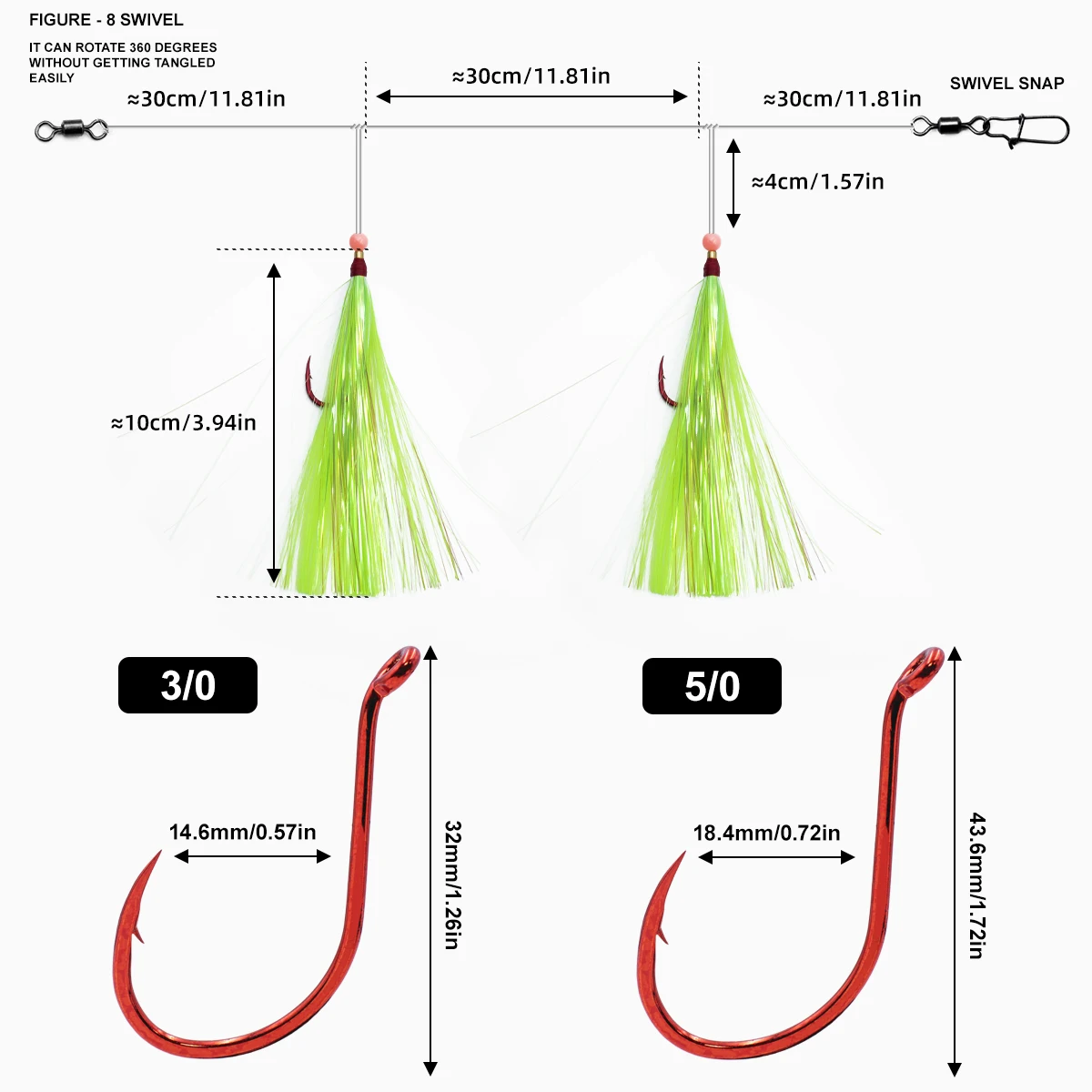 ZYZ 1Ppc aparejos de pesca de agua salada con 3/0 #   5/0 #   Anzuelos dobles de pulpo rojo, anzuelos de cuerda de pesca de Surf de seda de colores, aparejos de sedal - imagen 2