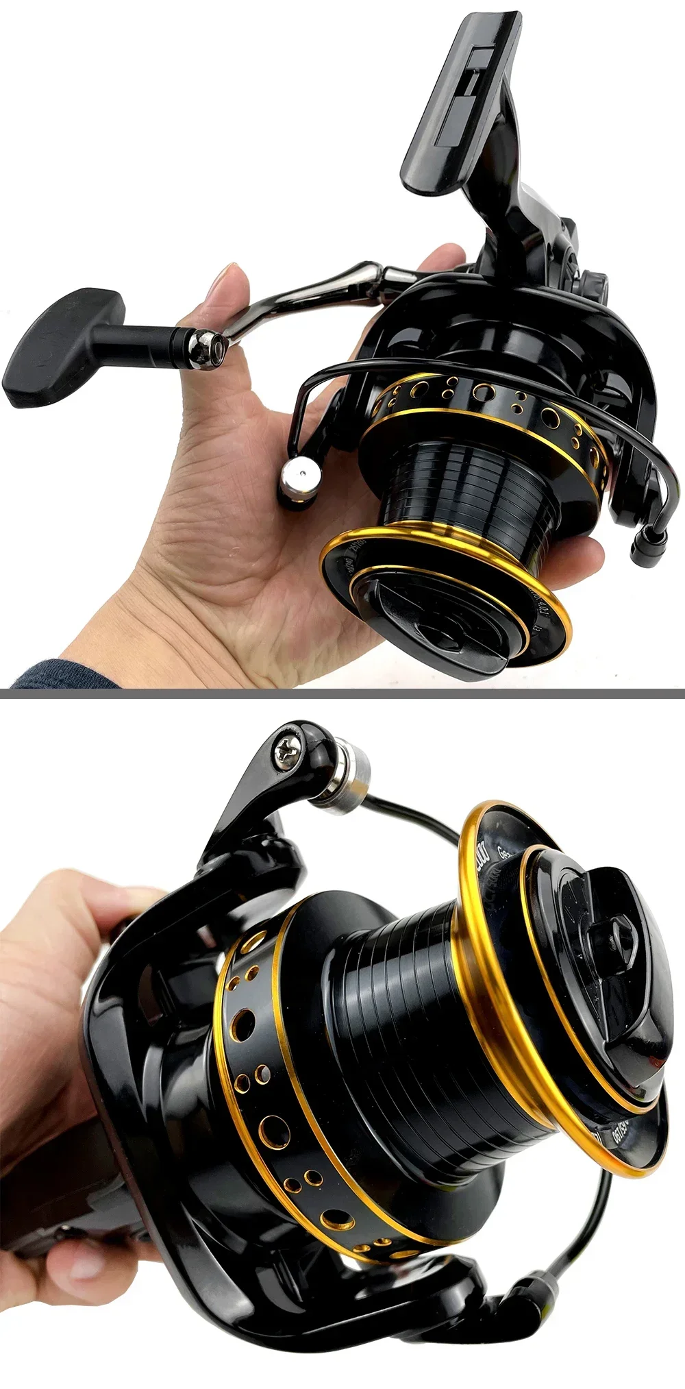 Experimente la emoción de la pesca con este carrete giratorio de alto rendimiento