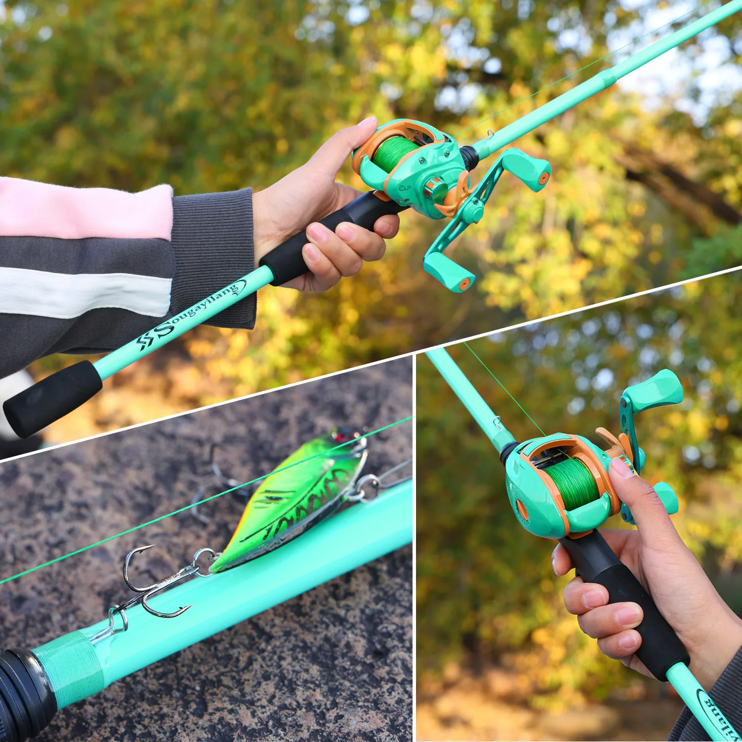 Sougayilang-cañas de pescar de fundición, 4 secciones, caña giratoria, arrastre máximo 8kg, mango EVA para aparejos de pesca de trucha y lubina, 1,98 m, 2,1 m - imagen 3