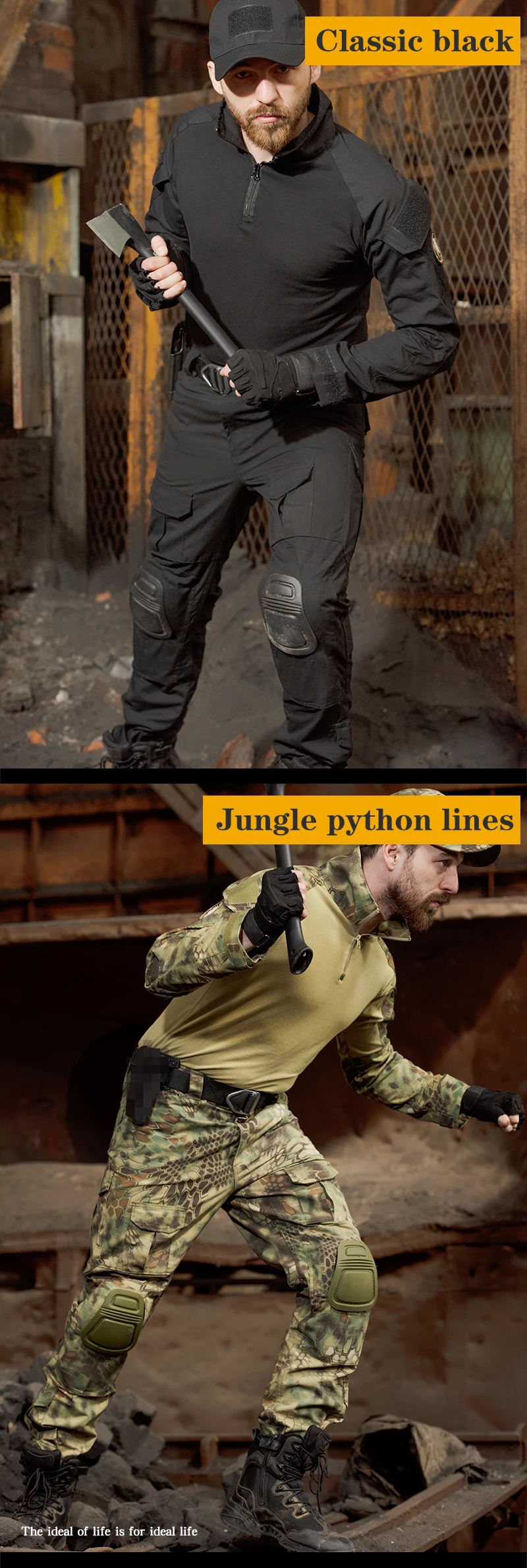 Dos estilos diferentes de ropa y accesorios, probablemente para actividades tácticas o al aire libre.

En la mitad superior, etiquetada como Negro clásico, hay una persona que lleva un chaleco táctico negro, pantalones negros con rodilleras y una gorra negra.