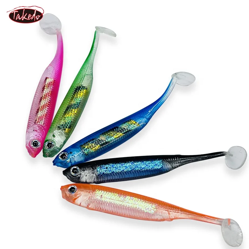 TAKEDO 5 unids/bolsa 7,5 CM 2,2G PVC cola en T Arco Iris señuelo suave agitador delgado cebo suave gusano Señuelos de pesca Wobber para lubina trucha Pike señuelo - imagen 2
