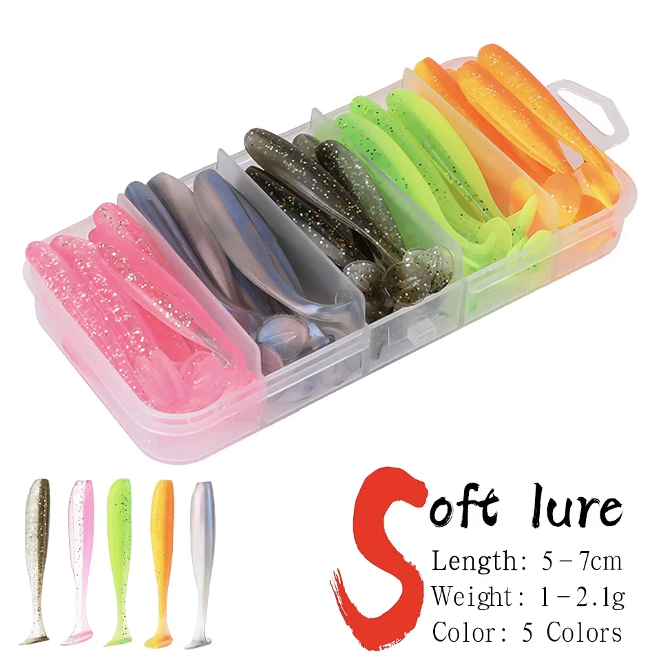 50pcs/box Fishing Lure T Tail Spinner Soft Artificial Bait Paddle Tail Soft Worm Carp Bass Freshwater Fishing Tackle Accessories