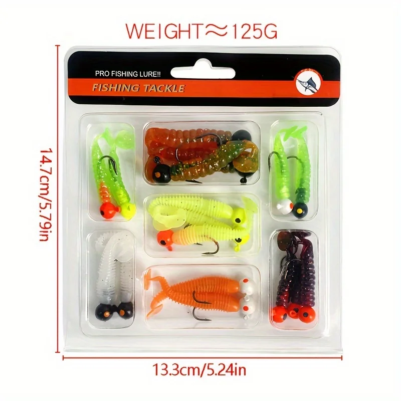 Luya-Juego de cebo de cola en T, gancho de cabeza de plomo de colores, tornillo gordo, cola en T, juego de cebo blando, 34 piezas - imagen 2