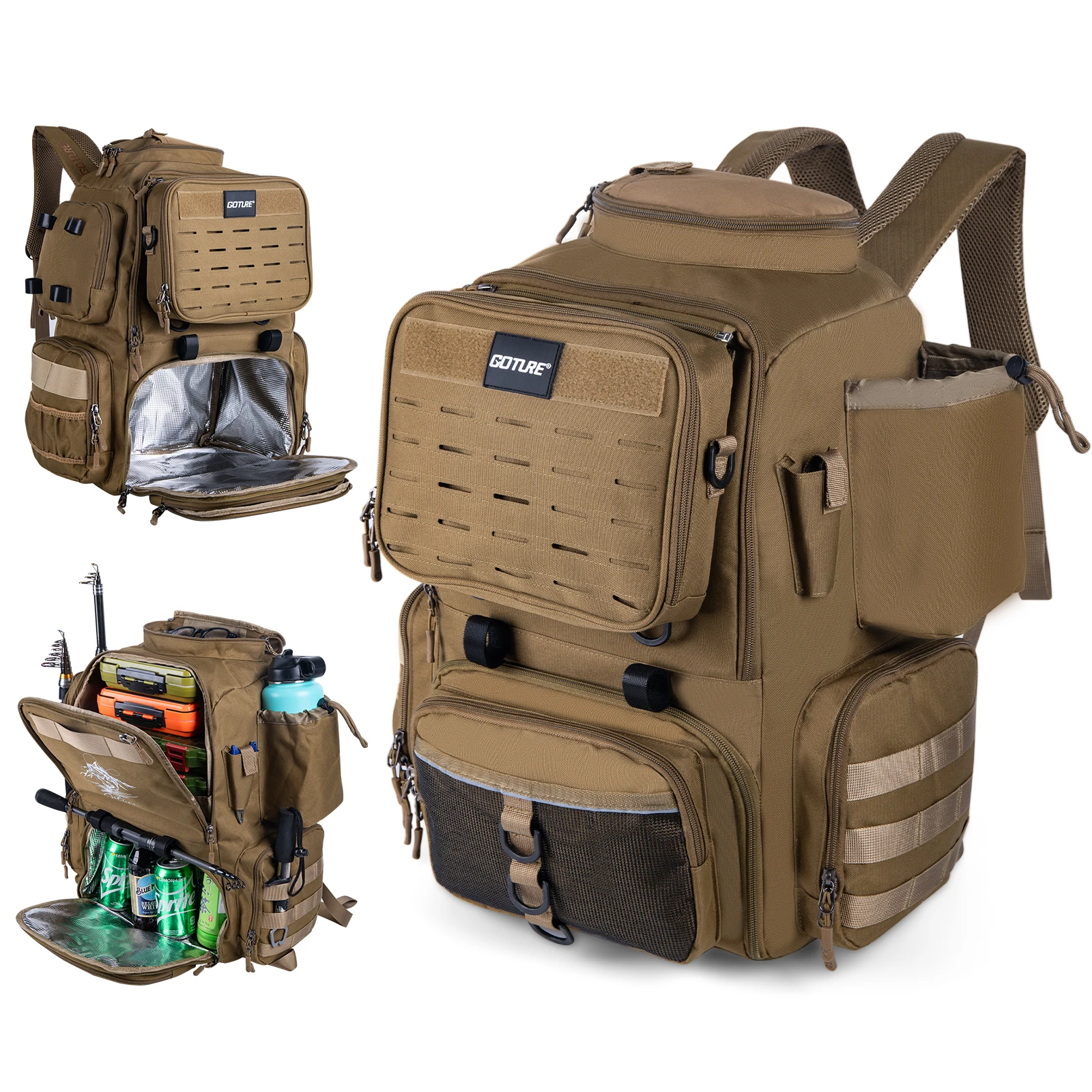 Goture-mochila de pesca con compartimento extraíble, bolsa de Picnic con aislamiento más fresco de alta capacidad con estante para caña, bolsa de caza para viajes al aire libre