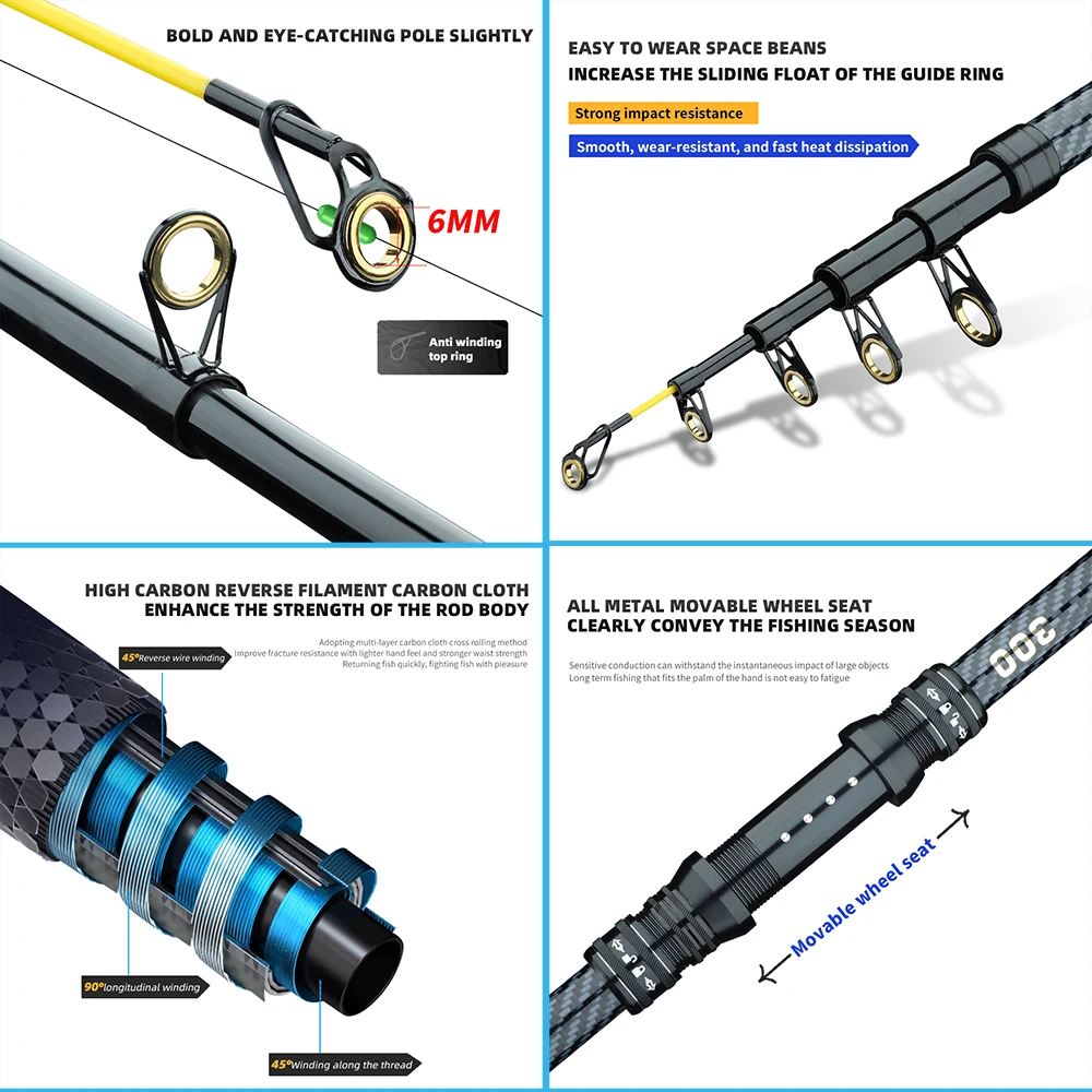 Caña de pescar giratoria de 2,1 M-4,5 M, equipo de pesca telescópico de carbono, caña alimentada portátil de larga distancia para carpa, cañas de barco de mar duras y fuertes - imagen 5