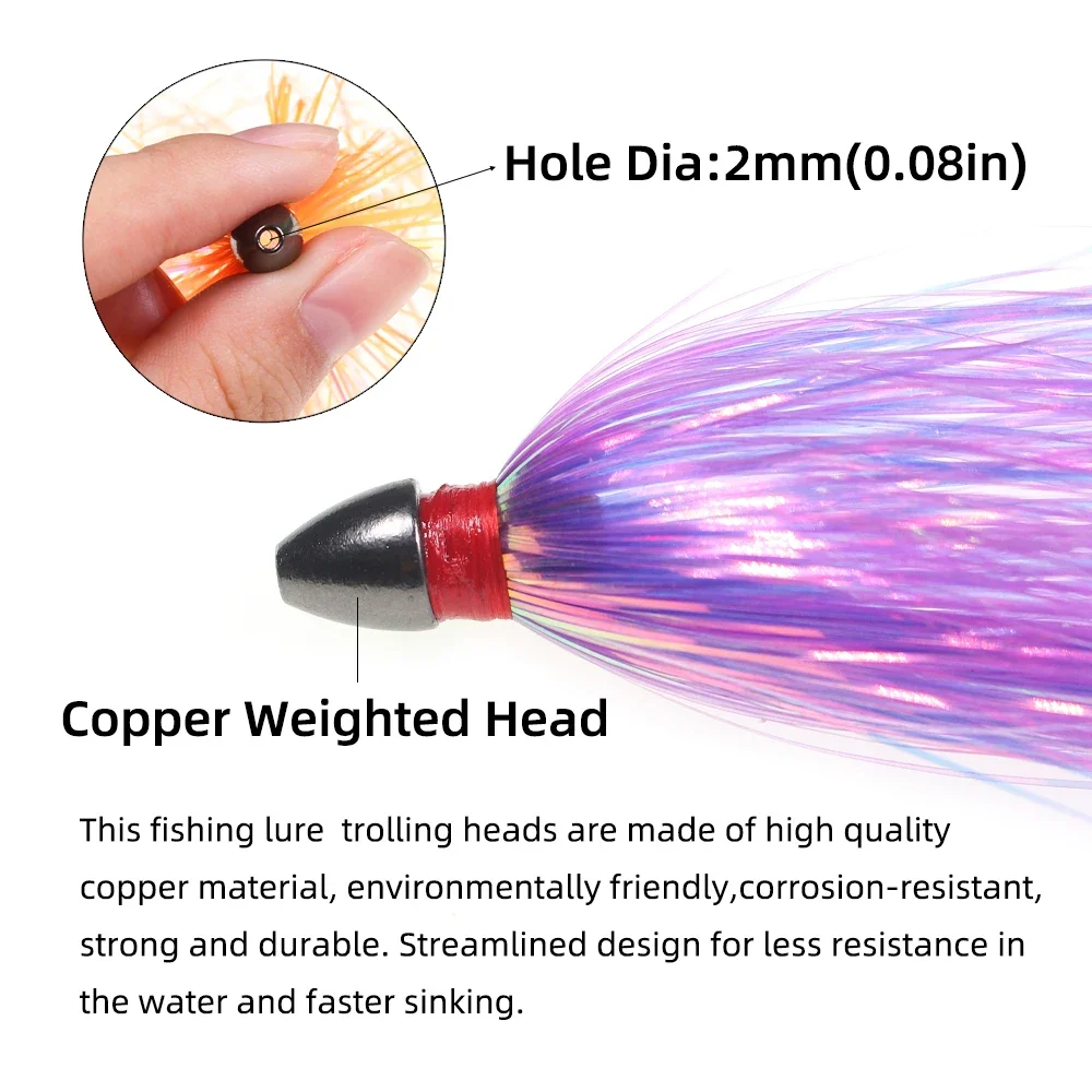 3 ~ 6 uds 5 "/4,5g bruja de mar cabeza de cobre Mylar Flash falda cola de teaser pesca de agua salada señuelo de curricán para Fluke Spigola Mahi Wahoo - imagen 5