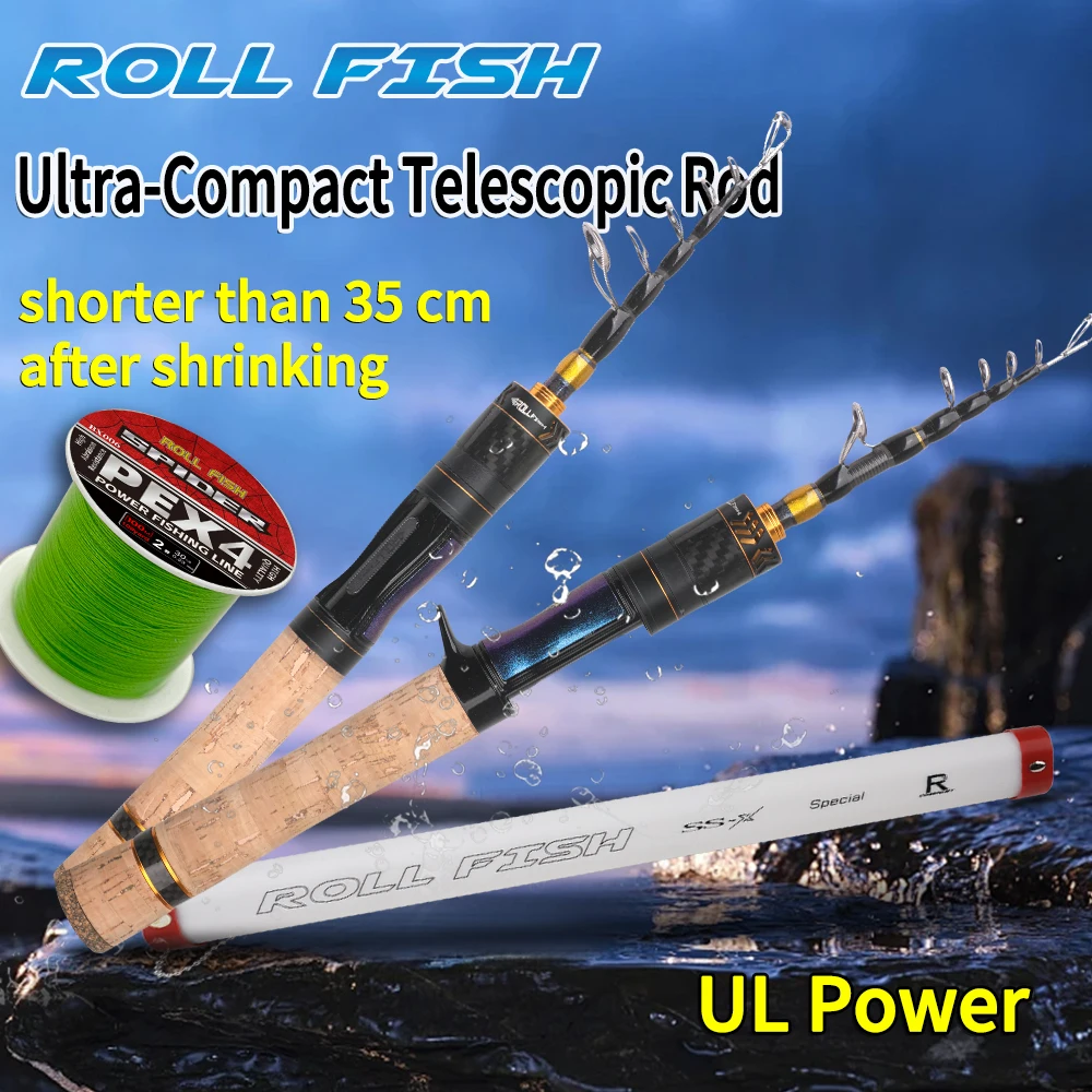 ROLLFISH UL ultraligero telescópico viaje fibra de carbono Spinning Casting trucha caña de pescar enviar 100m línea de pesca
