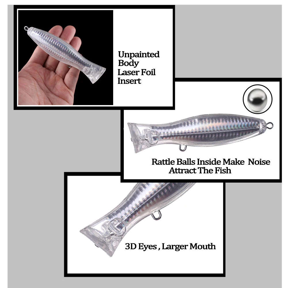 Chan'sHuang-cebo en blanco sin pintar, 10 Uds., 12cm, 37g, lámina superior, sonajeros holográficos interiores, Popper, señuelo de pesca Artificial DIY - imagen 5