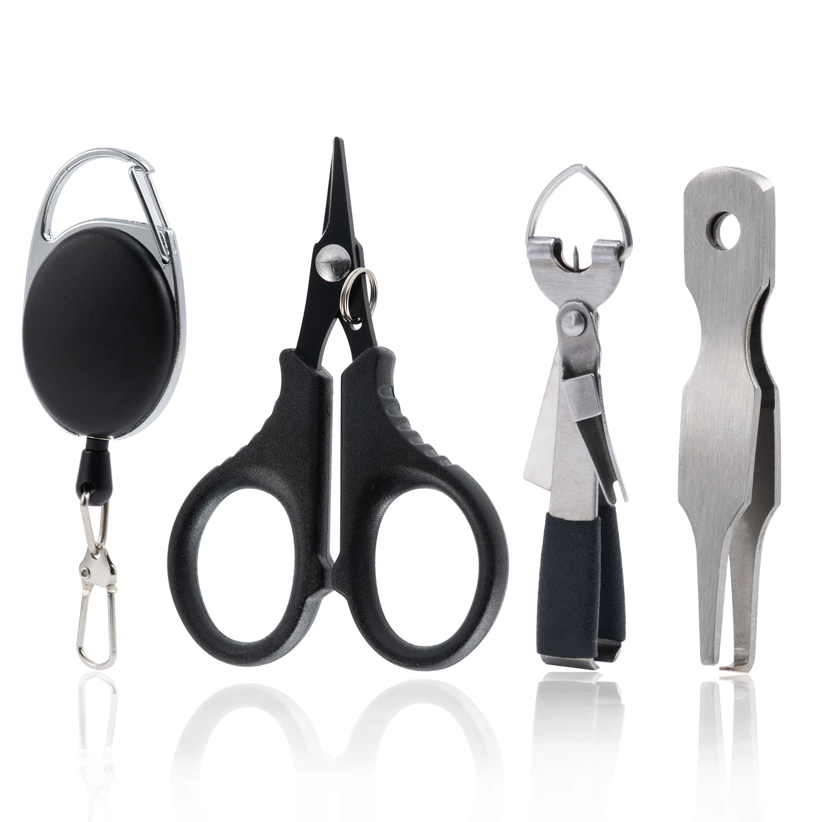 Un par de tijeras negras y un clip negro se muestran en un fondo blanco.