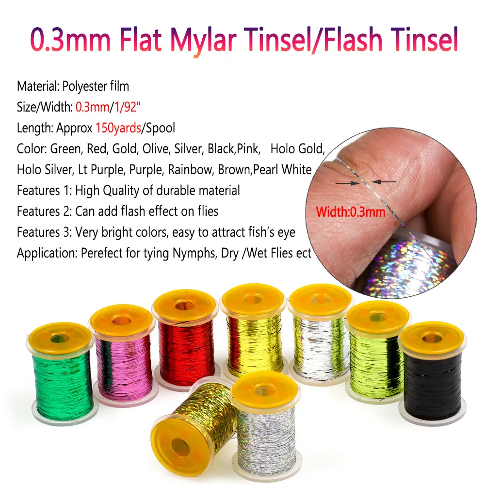 Bimoo, oropel plano de Mylar para atado de moscas de 0,3mm/1mm, oropel Flash holográfico, serpentina de ninfa húmeda seca, pesca de trucha, Material de atado de moscas - imagen 3