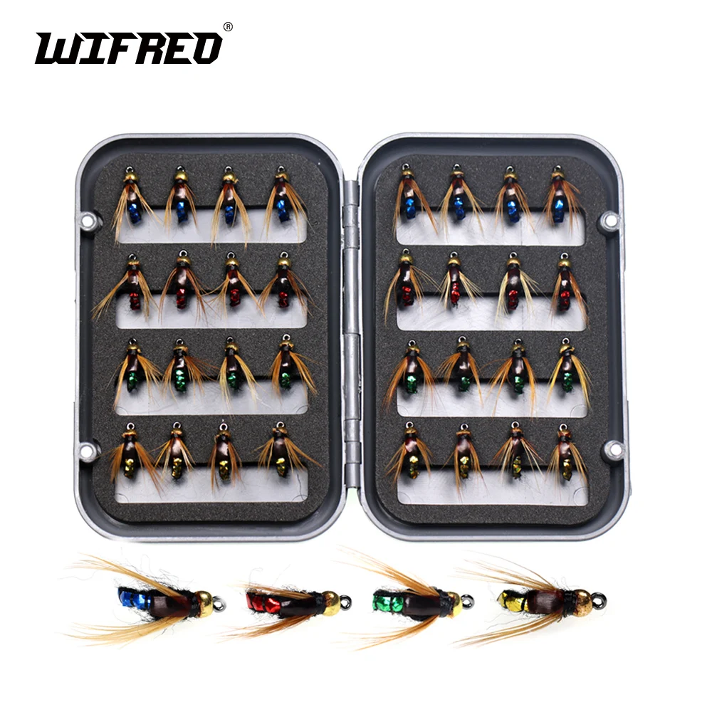 Wifreo 32PCS # 8 cuentas cabeza Ninfa Scud insecto gusano mosca Ninfa húmeda pesca con mosca moscas insectos artificiales cebos trucha Señuelos de pesca