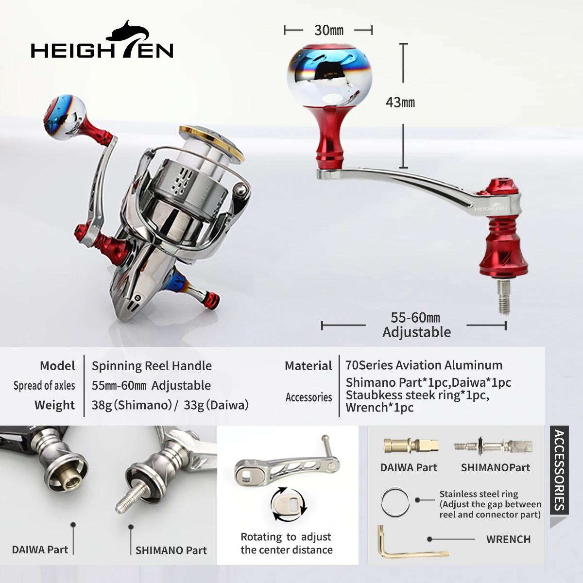 Carrete de pesca HEIGHTEN de un solo mango con distancia de husillo ajustable de 55mm a 60mm y perilla degradada de 30mm apto para DAIWA SHIMANO - imagen 4