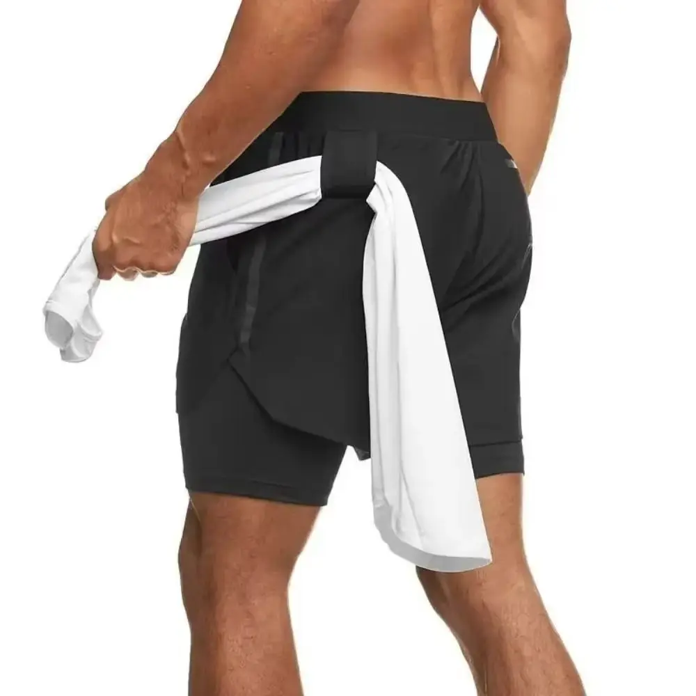 Pantalones cortos finos para correr de secado rápido, pantalones cortos de entrenamiento elásticos de doble capa, pantalones cortos de entrenamiento transpirables con bolsillo para teléfono móvil para correr - imagen 2