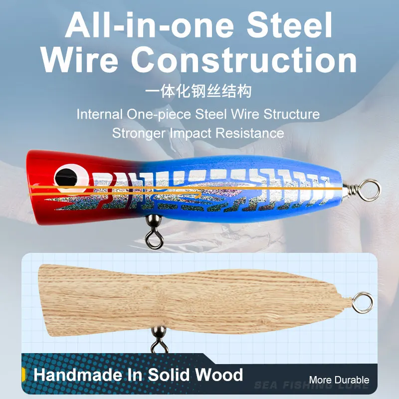 TEASER WD116 80g Topwater madera Popper señuelo carpa de agua salada SwimBait señuelo Trolling pesca de mar de madera Popper cebo con Triple gancho - imagen 4