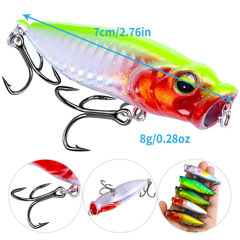 Señuelo de pesca Popper, 7cm, 8g, cebo duro Artificial, Topwater, lubina, trucha, Lucio, aparejos de pesca Wobbler con 2 anzuelos triples, 1 ud.