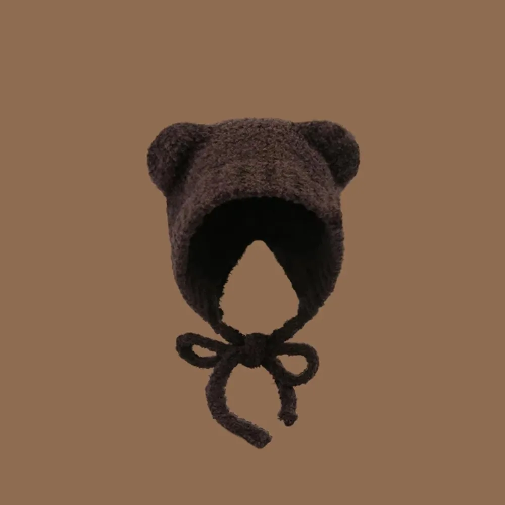 Gorro de lana con orejas de oso Y2k, gorros cálidos con protección para los oídos, gorra Bomber de punto con cordones y cuerda - imagen 4