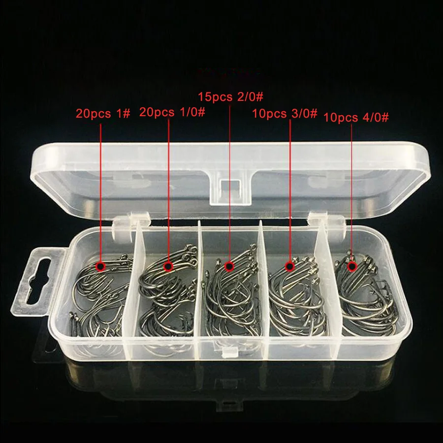 Anzuelos circulares anzuelos de pesca 75 piezas 1 #   1/0 #   2/0 #   3/0 #   4/0 #   Anzuelos de pesca de pulpo de acero rico en carbono, anzuelos de púas para trucha lubina - imagen 3