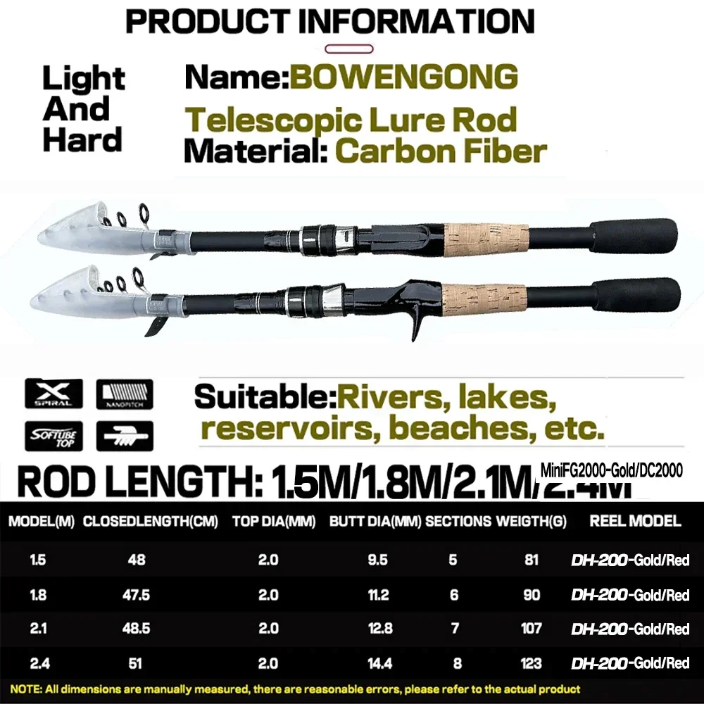 1,5 M 1,8 M 2,1 M 2,4 M señuelo caña de pescar carrete Combo caña telescópica de carbono y carrete de Baitcasting arrastre máximo 8kg accesorios de pesca - imagen 5