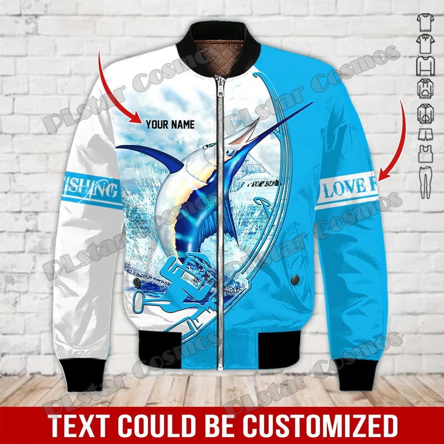 Chaqueta Bomber de invierno para hombre, pesca atún/marlin, nombre personalizado, estampado 3D, abrigo grueso con cremallera y bolsillo, chaqueta informal cálida con cremallera, FX-06 - imagen 5
