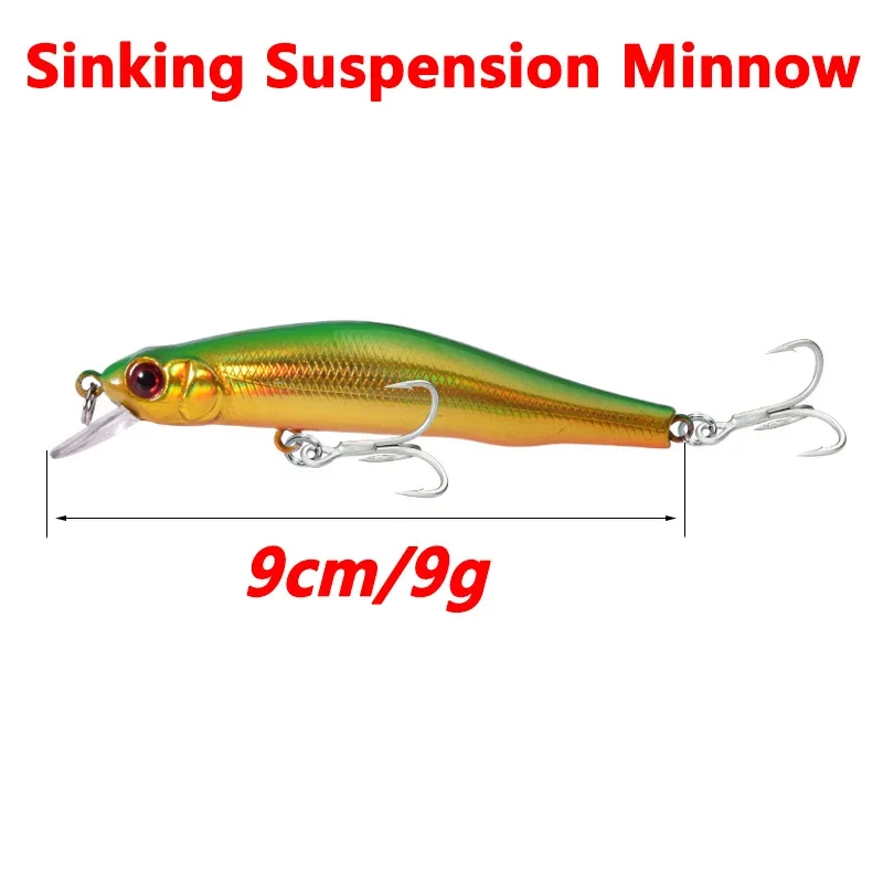 1 unidad, cebo de pesca minnow, 9 cm, 9 g, wobbler de hundimiento lento para curricán, cebo duro artificial de plástico con anzuelos para la pesca de la lubina y el lucio, Señuelos - imagen 4