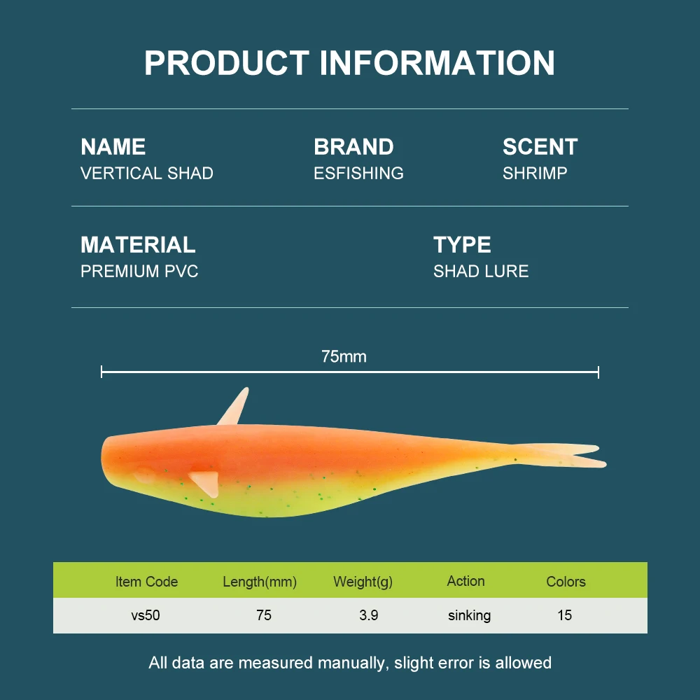 ESFISHING 10 Uds señuelo suave Vertical Shad 75mm cebo de plástico con ala de aleta para pesca de trucha de Lucio-paquete de 10 - imagen 3