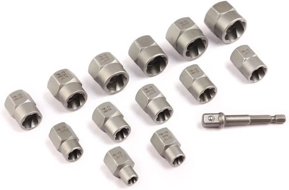 Kit de extracción de pernos de tuerca de 13 piezas Juego de extractores de tuercas de perno de impacto de accionamiento de 3/8" Juego de herramientas de casquillo giratorio de 1/4"-3/4" con accionamiento hexagonal de 1/4" de 3/8" - imagen 3