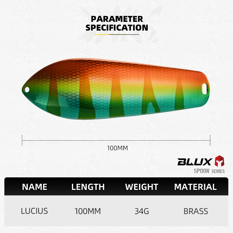 BLUX LUCIUS Legend Spoon Fsihing señuelo 34G 100MM fundición de latón puro curricán lento Metal Wobbler Pike Bass cebo aparejos de agua dulce - imagen 2