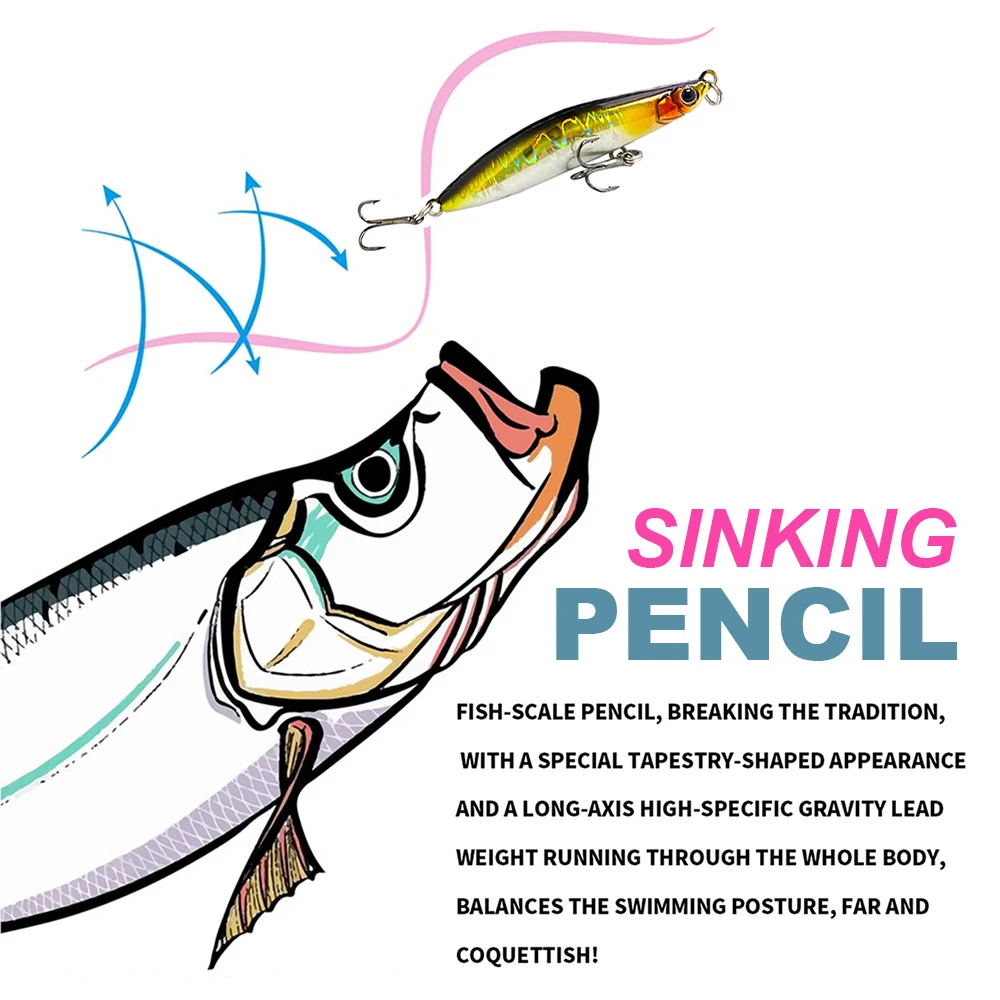 Señuelos de Pesca de 6,6 cm y 8,5g, cebo de lápiz que se hunde, Wobbler de fundición larga, cebo duro Artificial, Jerkbait, trucha, lubina, carpa, QBE124 - imagen 5