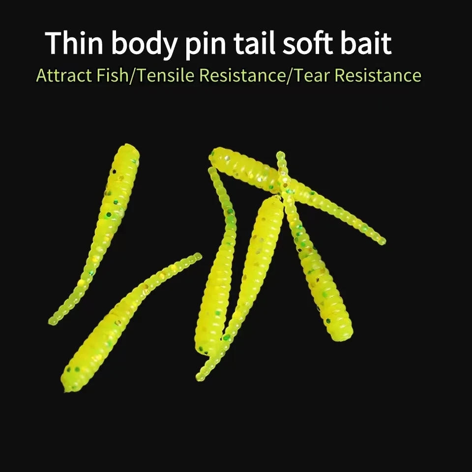 Rooblinos 20 piezas gusano de cola de una sola aguja Micro 35mm señuelo de pesca Ajing pequeño pez roca silicona Isca cebo Artificial plantilla luminosa - imagen 4