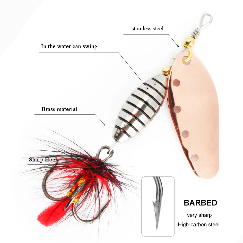 Señuelo de pesca con cebo giratorio, anzuelo triple de plumas, cuchara de Metal, cebo Artificial duro, aparejos de pesca, 6g, 12g, 16g - imagen 5