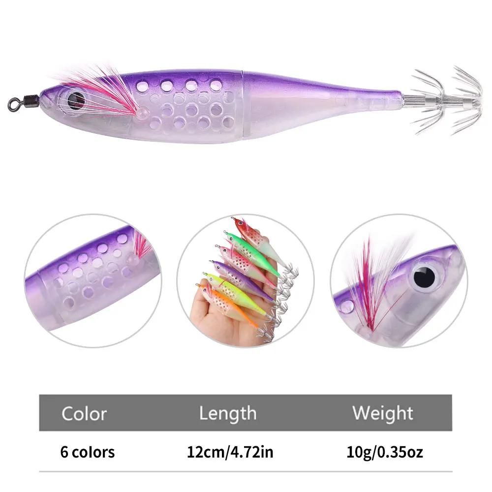 Plantilla de calamar luminosa para Pesca, 10g, 12cm, señuelos tipo Gamba de madera, 6 colores, cebo Artificial, pulpo, sepia, anzuelo de Pesca de agua salada, 1 ud. - imagen 5