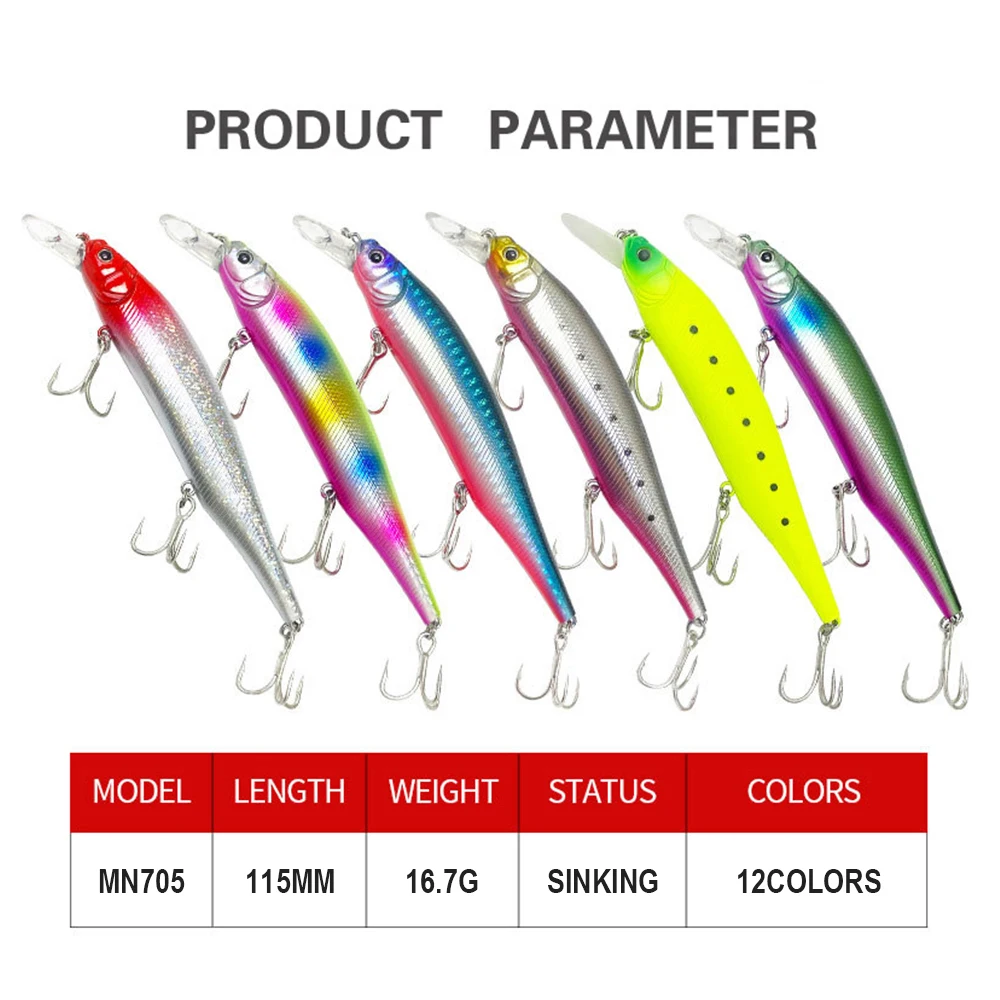 11,5 cm 16,7g señuelo de pesca Minnow Wobbler fundición larga hundimiento cebo duro Artificial pesca en agua de mar cebo falso para lubina MN705 - imagen 4