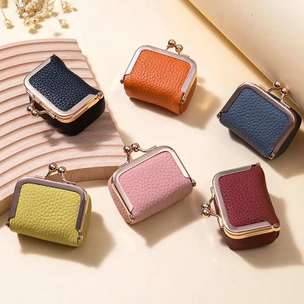 Carteras pequeñas informales de Color sólido Kiss Lock Mini monedero bolsa de almacenamiento de cuero genuino